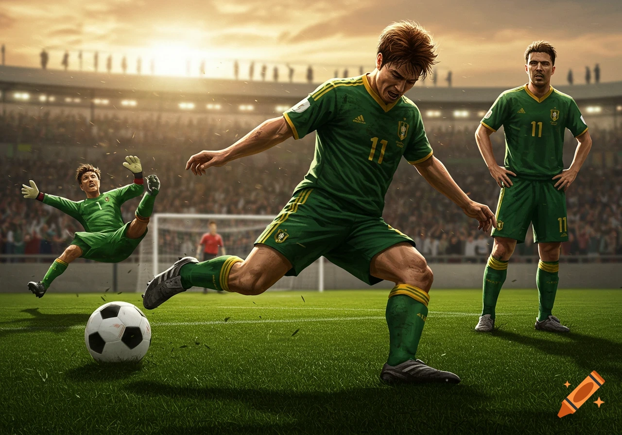 Photorealistic scene of a soccer player kicking a ball in a stadium, with a goalie diving and another player looking disappointed.