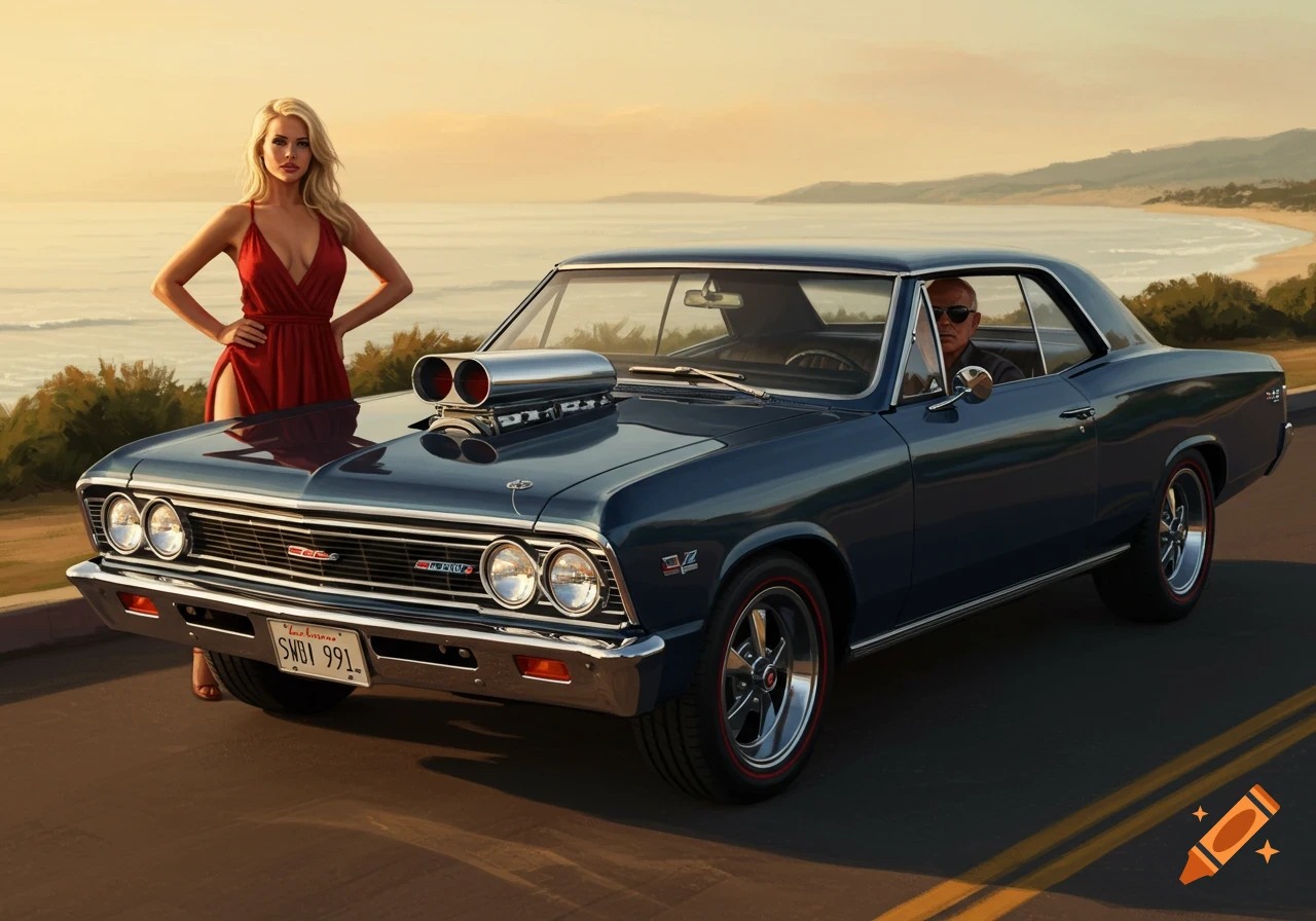 A blonde woman in a red dress stands beside a dark blue 1967 Chevelle with a man inside, on a coastal road at sunset.