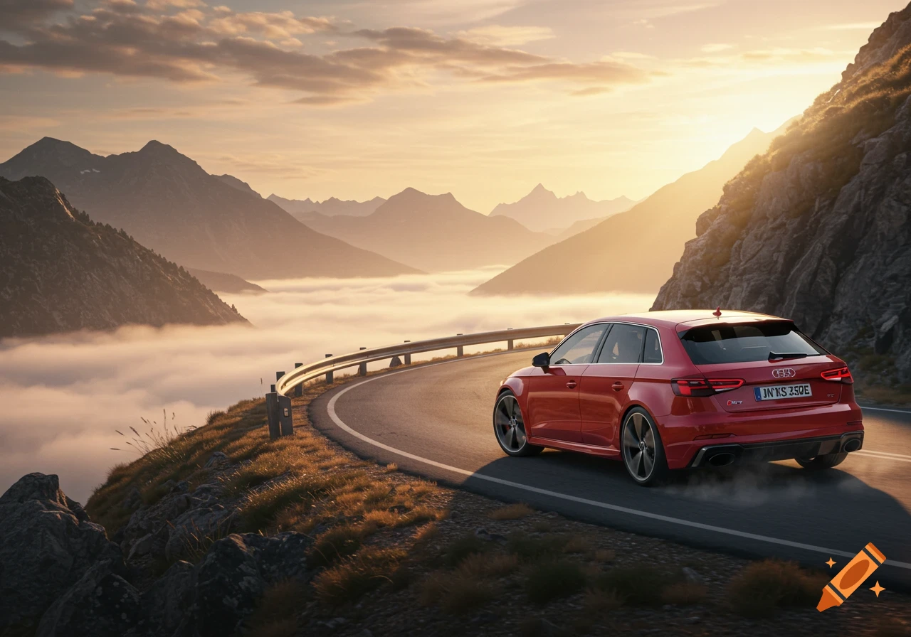 Photorealistic red Audi RS 3 Sportback on a winding mountain road above a cloud inversion at sunrise or sunset.