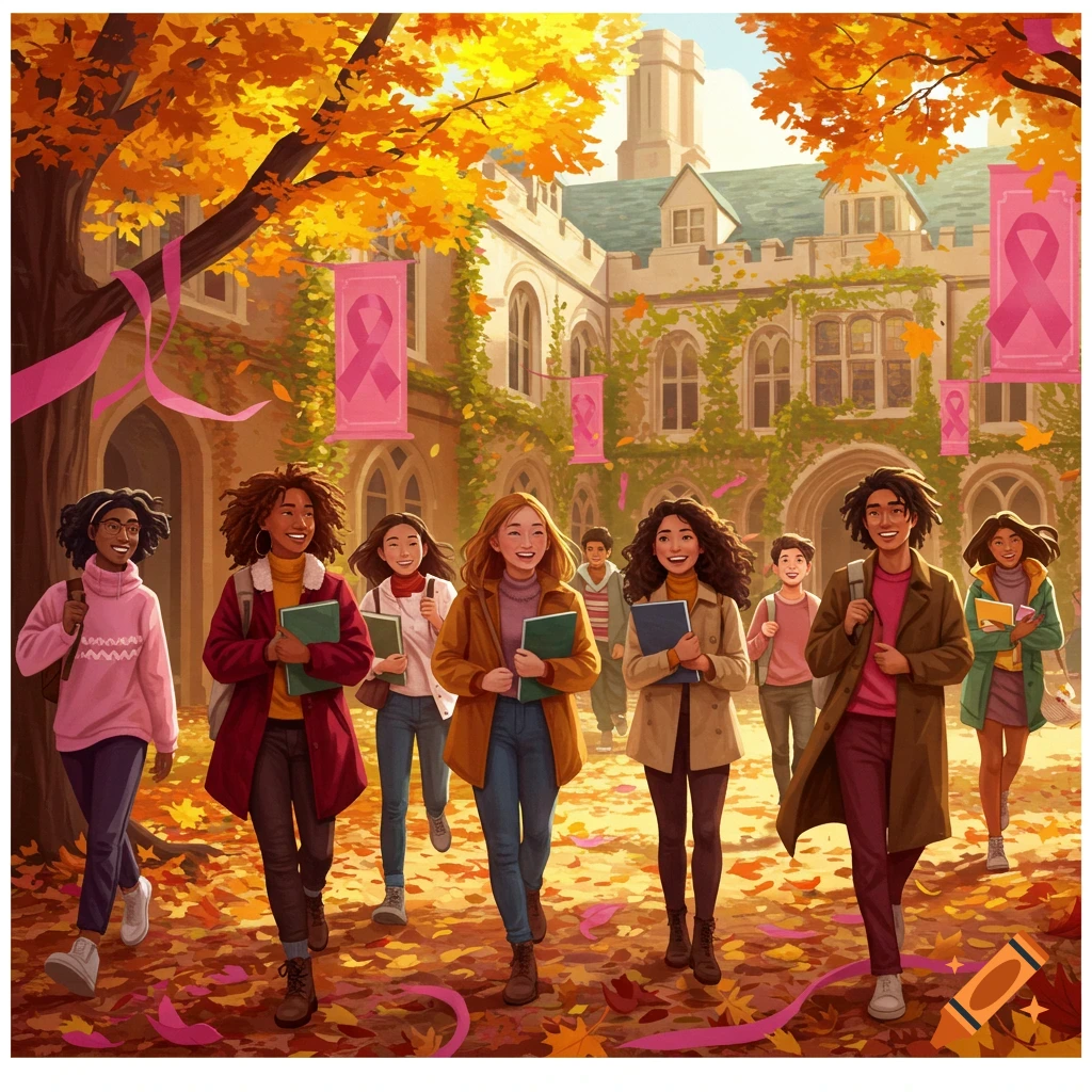Vibrant illustration of diverse students smiling on a college campus in autumn, featuring pink breast cancer awareness ribbons.