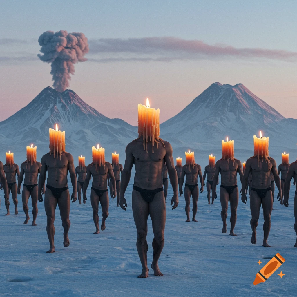 Shirtless warriors with burning candles for heads march across a snowy tundra at dawn with erupting volcanoes in the distance.