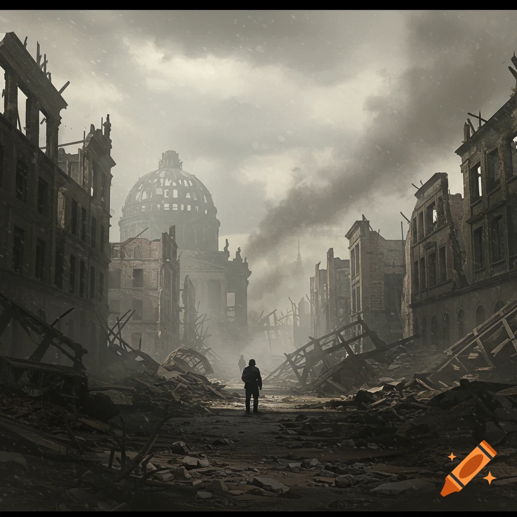 A lone figure walks through the rubble-strewn streets of a ruined city under a cloudy sky, with a large domed building in the distance, evoking post-war Berlin.