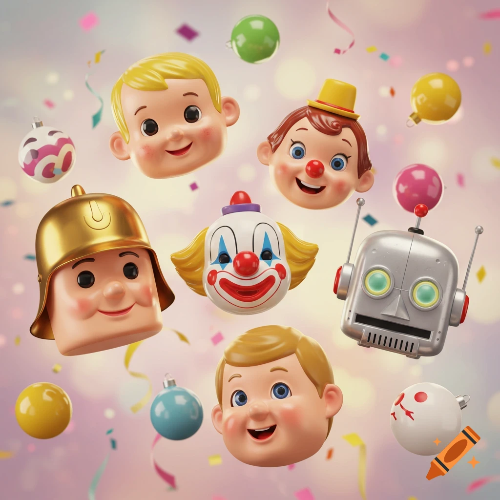 Floating 3D toy heads of a boy, girl, firefighter, clown, and robot, with colorful ornaments and confetti on a pink background.