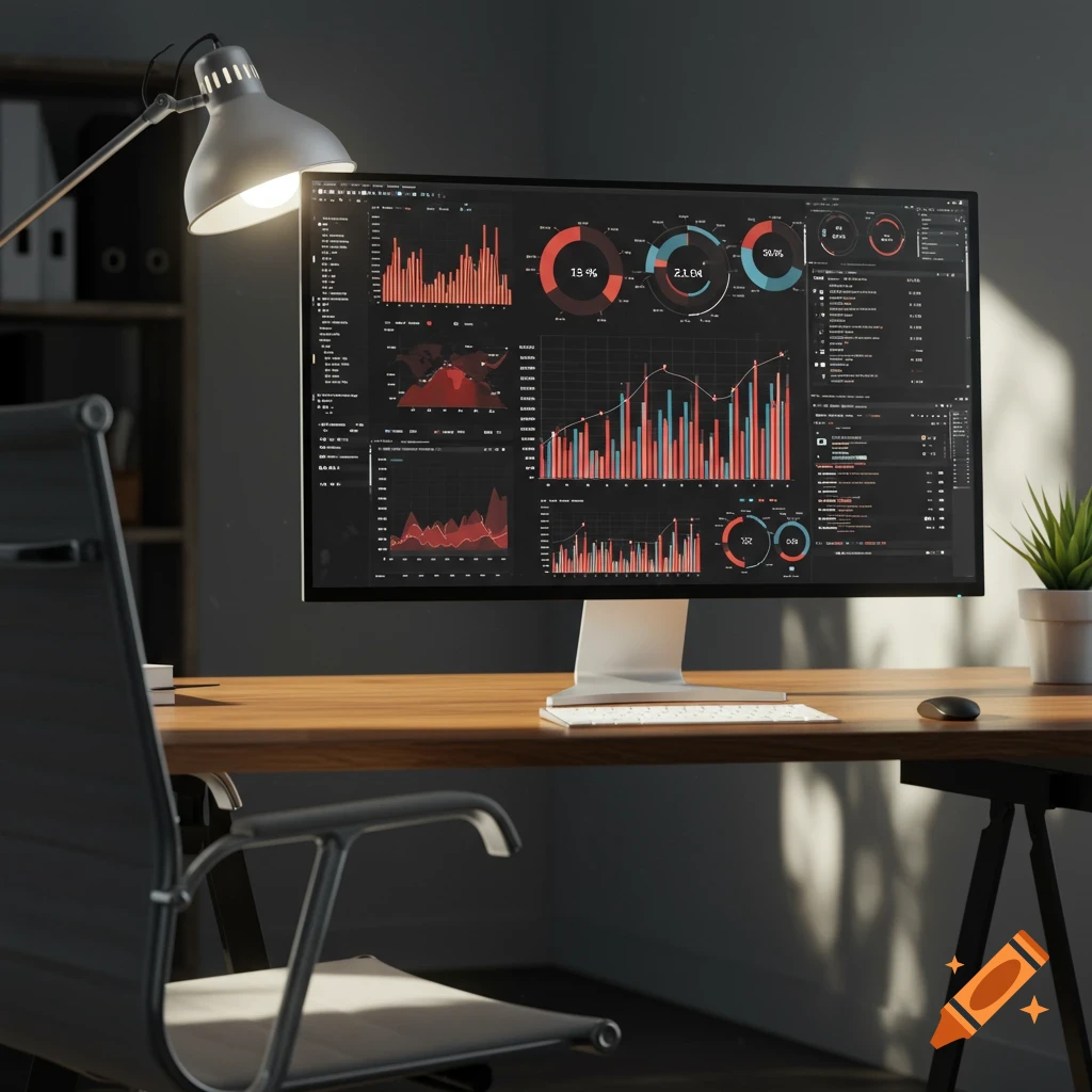 A modern office desk with a computer displaying data dashboards, a desk lamp, an office chair, and a plant, lit by warm sunlight.