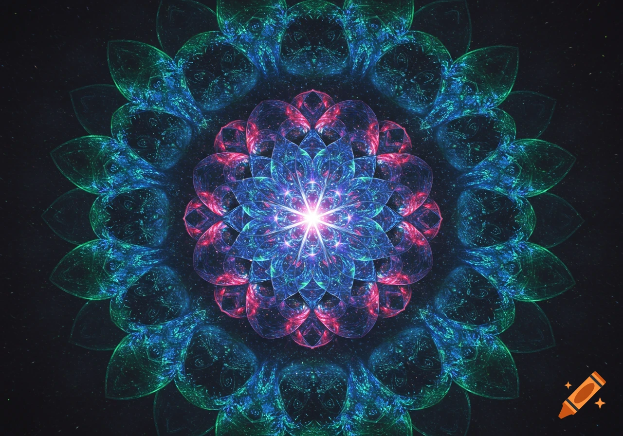 A glowing, symmetrical fractal pattern in blue, green, and pink, resembling a mandala or kaleidoscope.