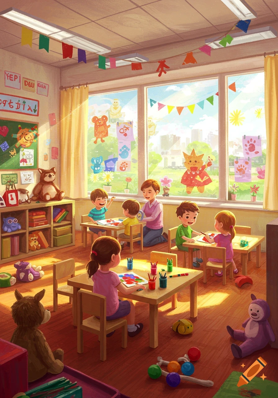 Bright illustration of a kindergarten classroom with kids painting and a teacher, surrounded by colorful decorations and toys.