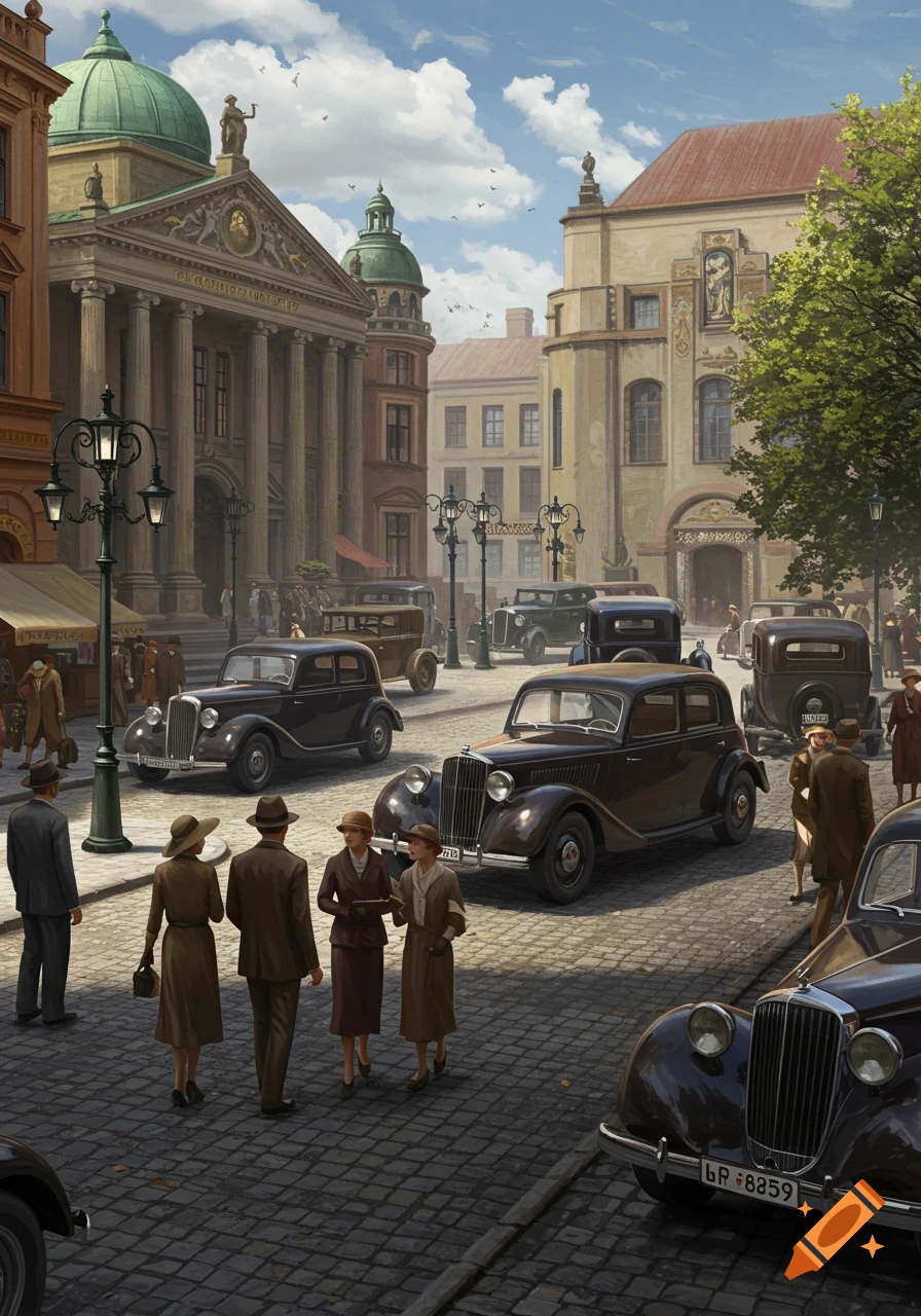 A detailed illustration of a 1930s European city street with classical architecture, vintage cars, and pedestrians in period attire.