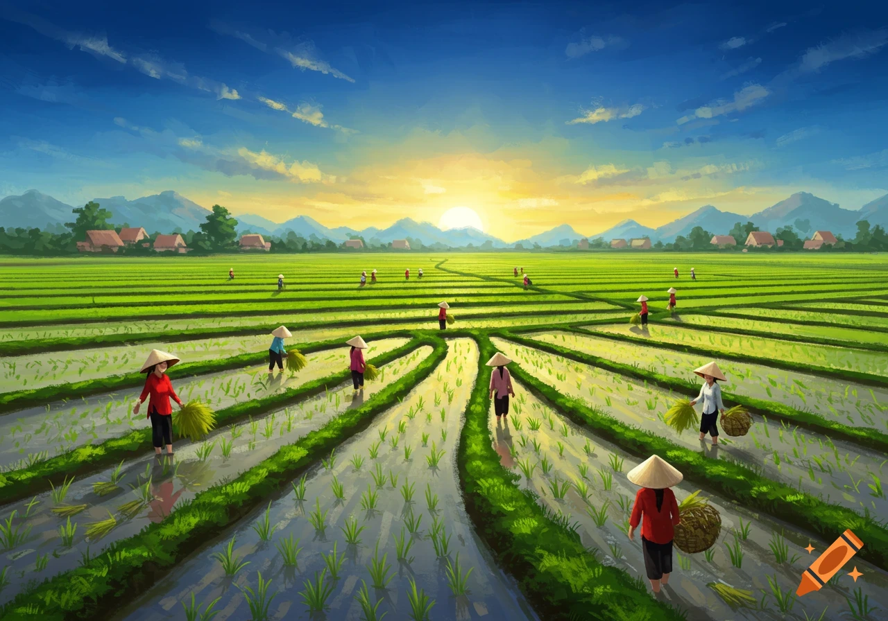 Stylized illustration of farmers in conical hats planting rice in flooded fields at sunset, with a village and mountains.