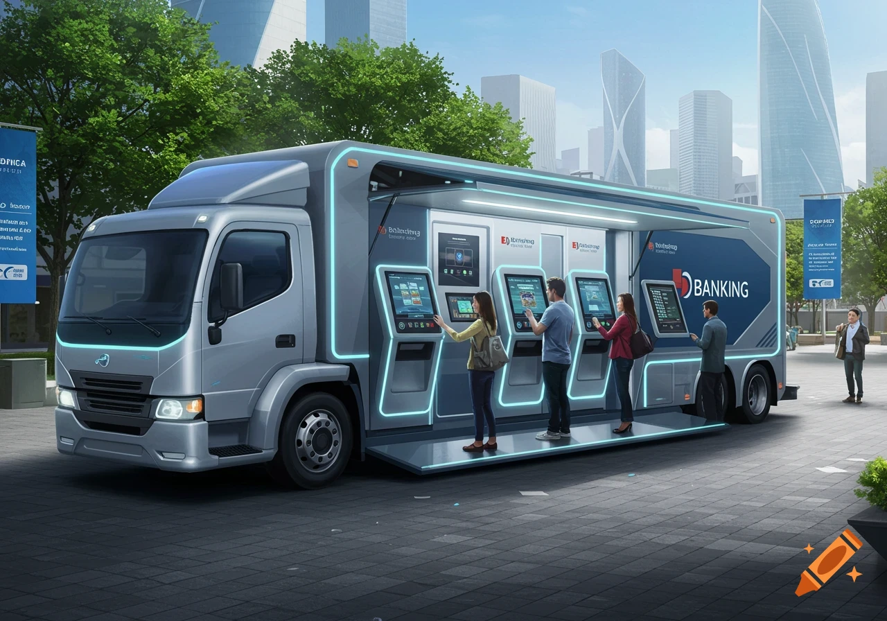 A futuristic mobile banking truck with glowing blue accents parked in a city plaza, where several people are using interactive ATM screens. Tall buildings and trees are in the background.