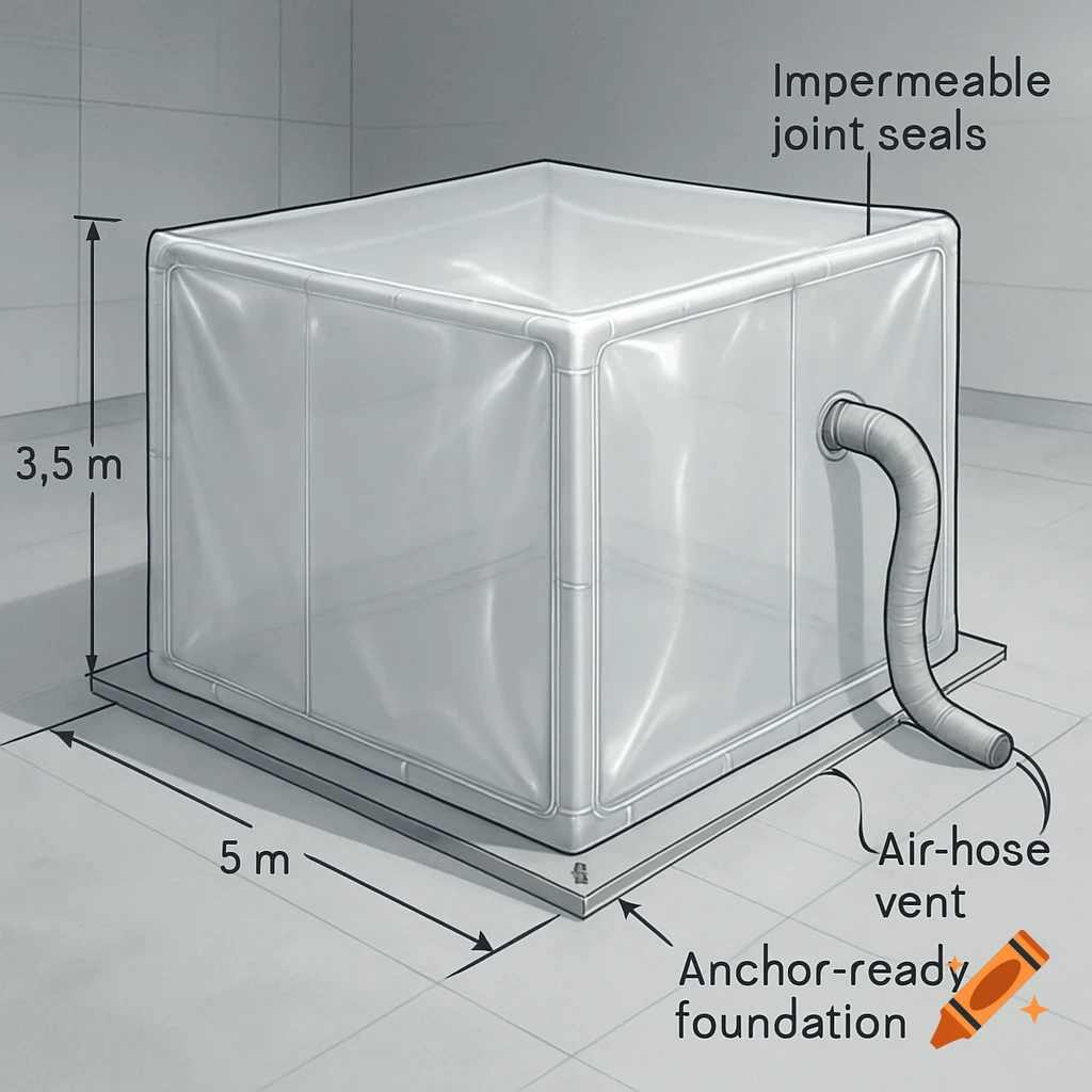 A technical drawing of a transparent cube enclosure with dimensions 5m by 5m by 3.5m, featuring an air-hose vent and anchor-ready foundation.