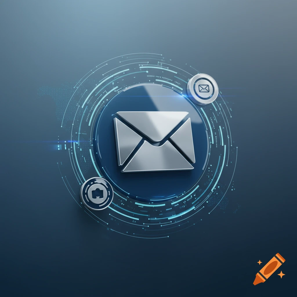 A 3D silver metallic email envelope icon centered on a translucent blue disc with abstract digital circuit patterns on a dark blue background.