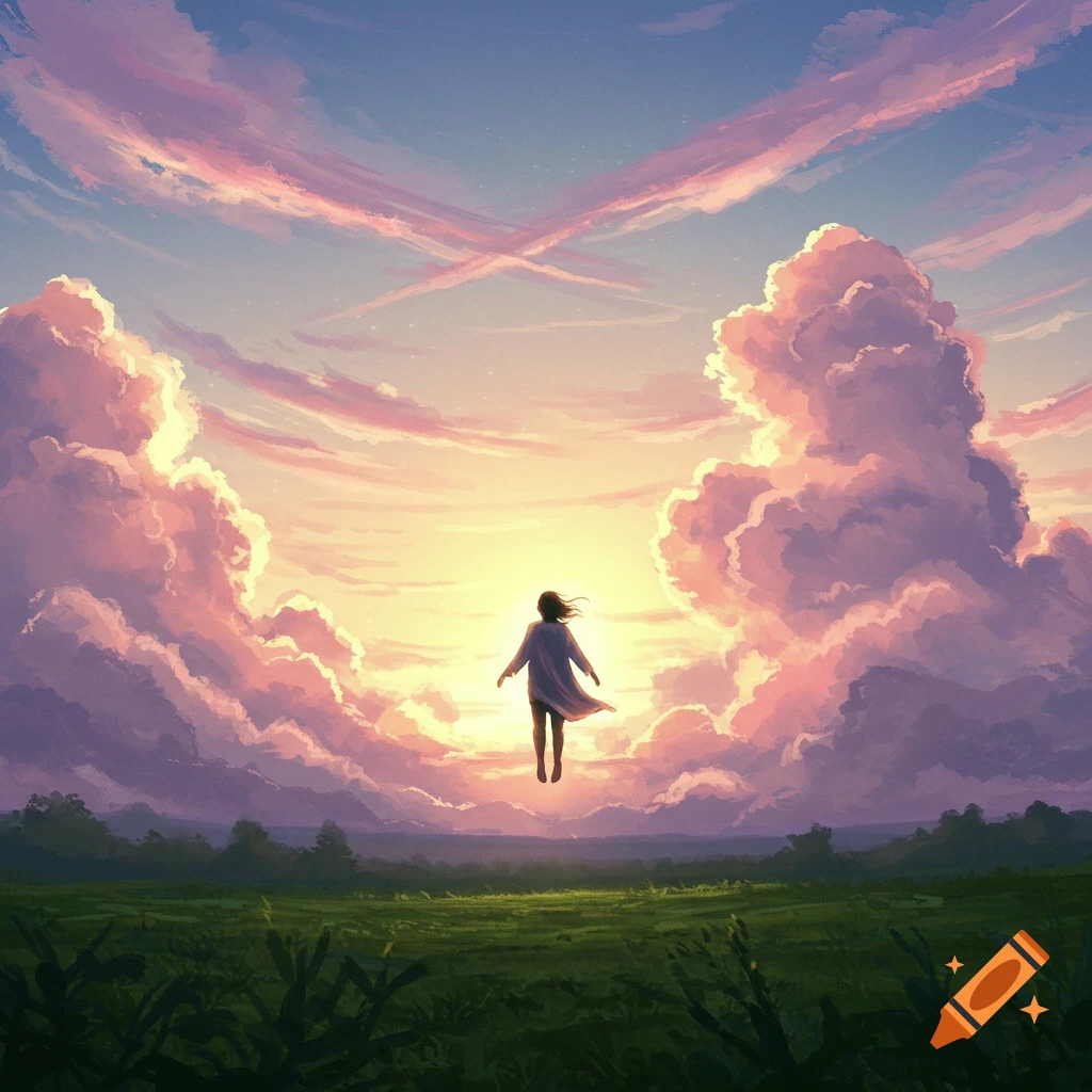 A person in a white robe floats above a green field, looking towards a bright sunset framed by large pink and purple clouds in an anime style.