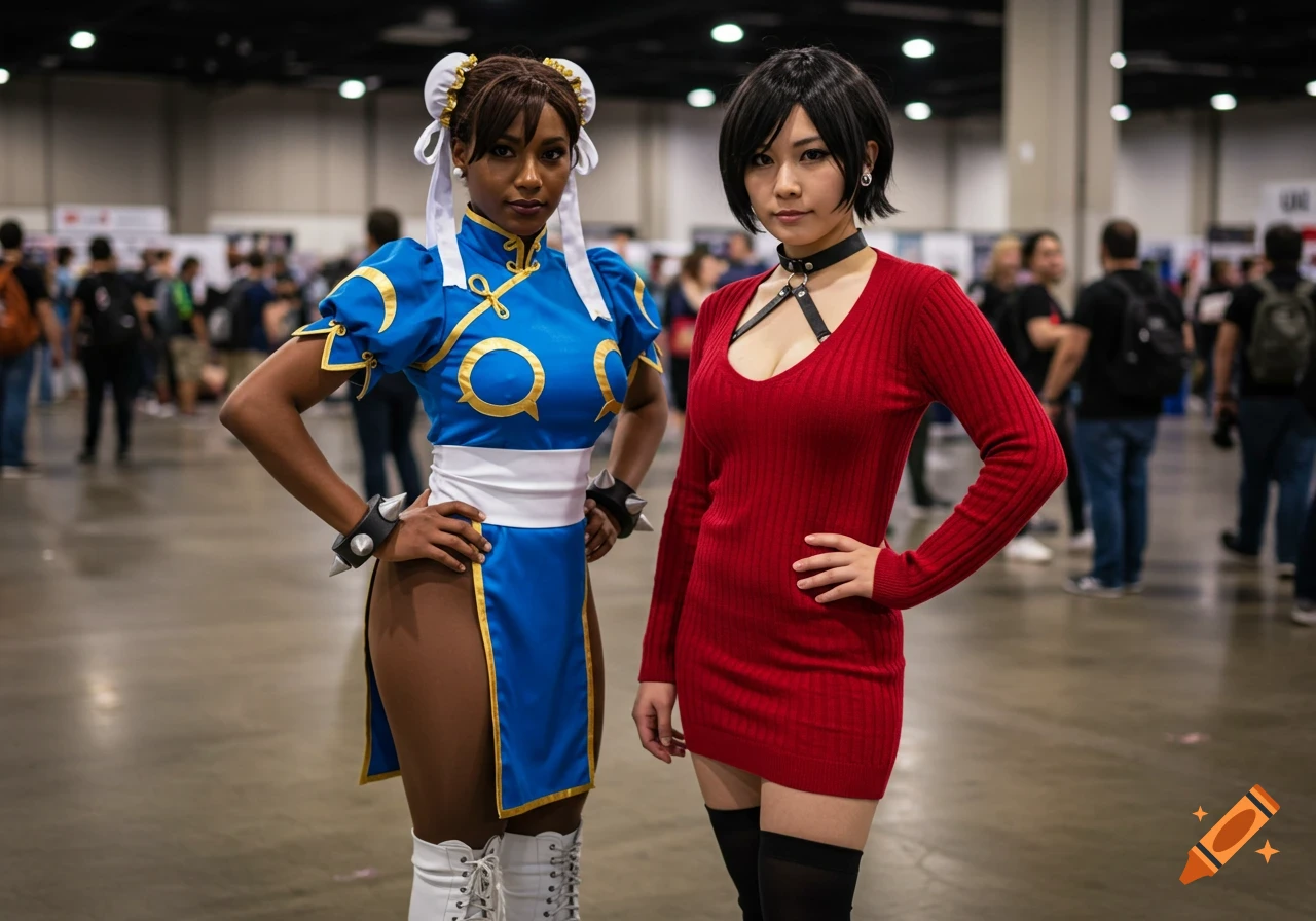 Two female cosplayers, Chun Li in blue and Ada Wong in red, pose at a convention backdrop.