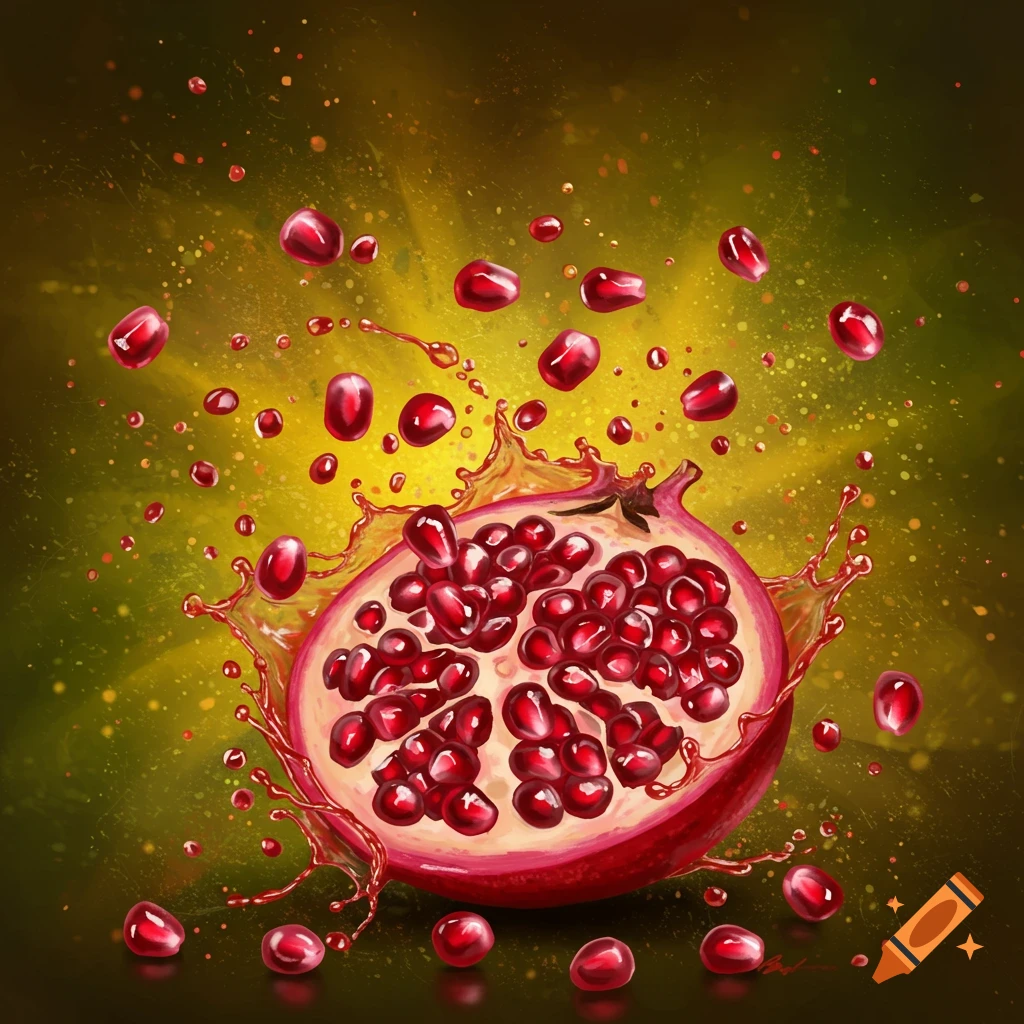 Vibrant illustration of a cut pomegranate with seeds and juice splashing against a yellow-green background.