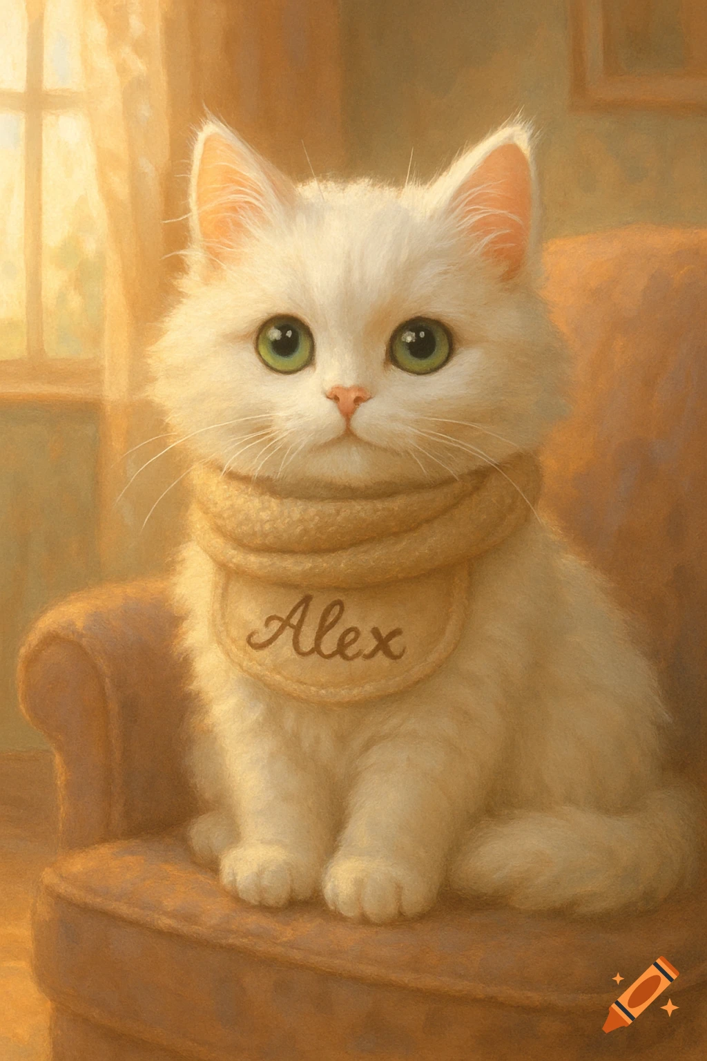 A fluffy white cat with large green eyes wears a beige scarf that says 'Alex' while sitting on a brown armchair.