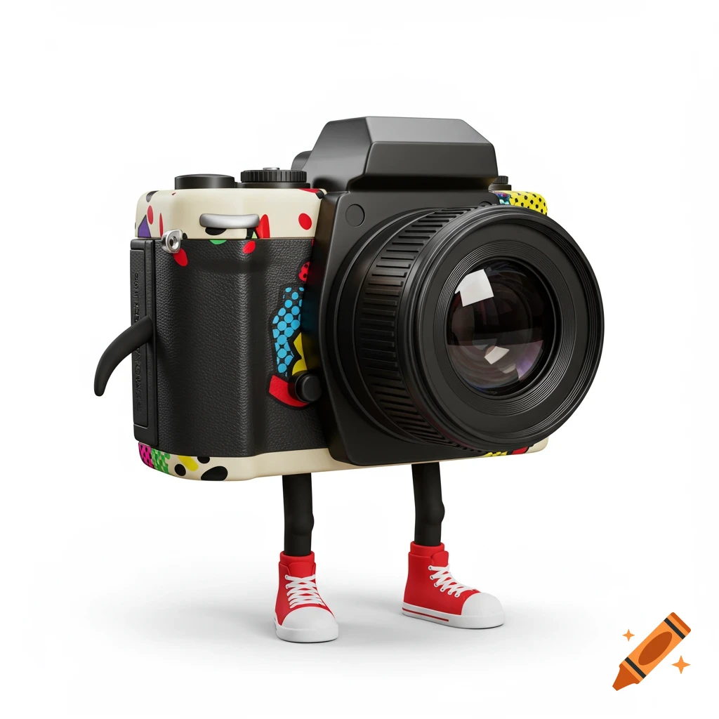 A stylized anthropomorphic camera with colorful polka dots, black legs, and red sneakers on a white background.