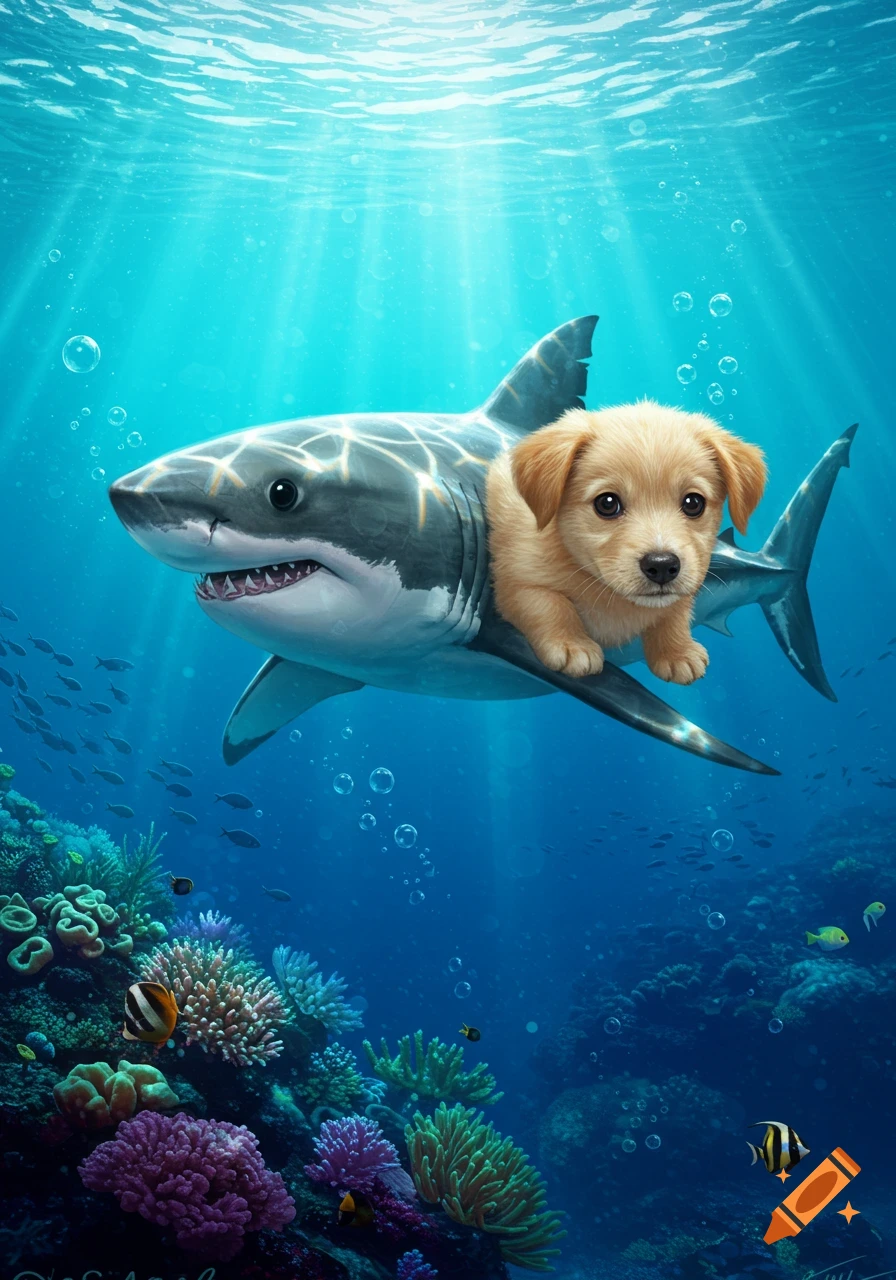 A fluffy golden puppy rides on the back of a great white shark through a vibrant coral reef, photorealistic style.