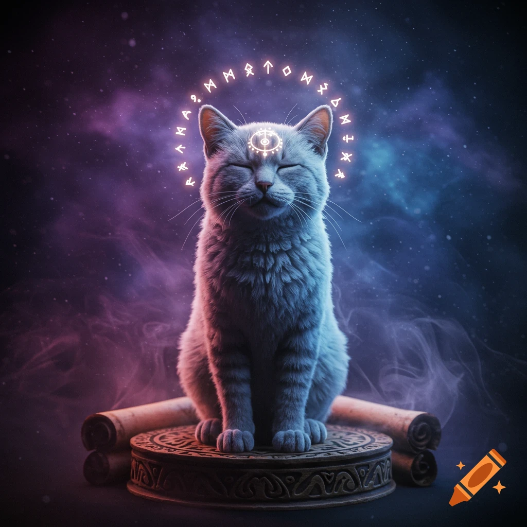 A wise-looking grey cat sits on a patterned pedestal, surrounded by glowing runes, against a cosmic purple and blue background.