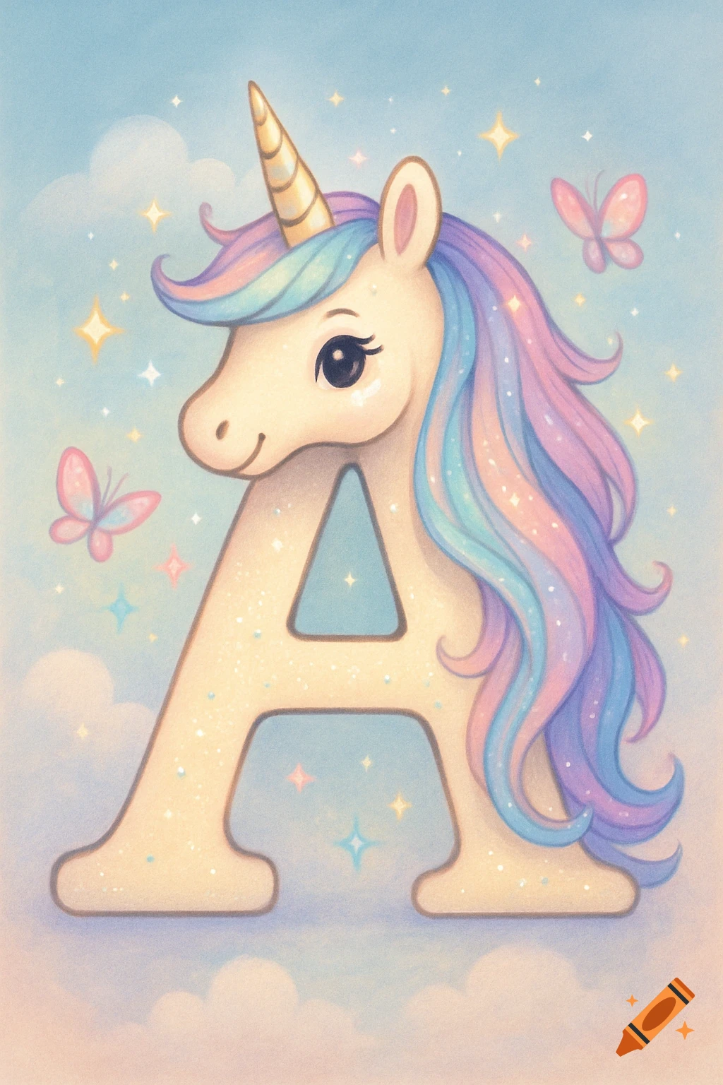 Cute cartoon unicorn letter A illustration with pastel mane, golden horn, stars, and butterflies in a cloudy sky.