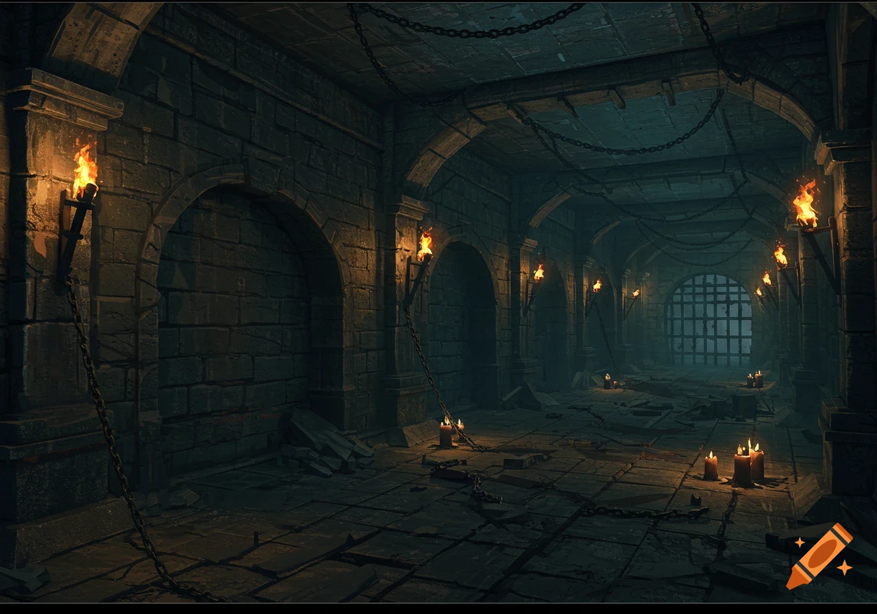 A dark, grim stone dungeon, dimly lit by flickering torches and candles, with chains, debris, and a grated gate.