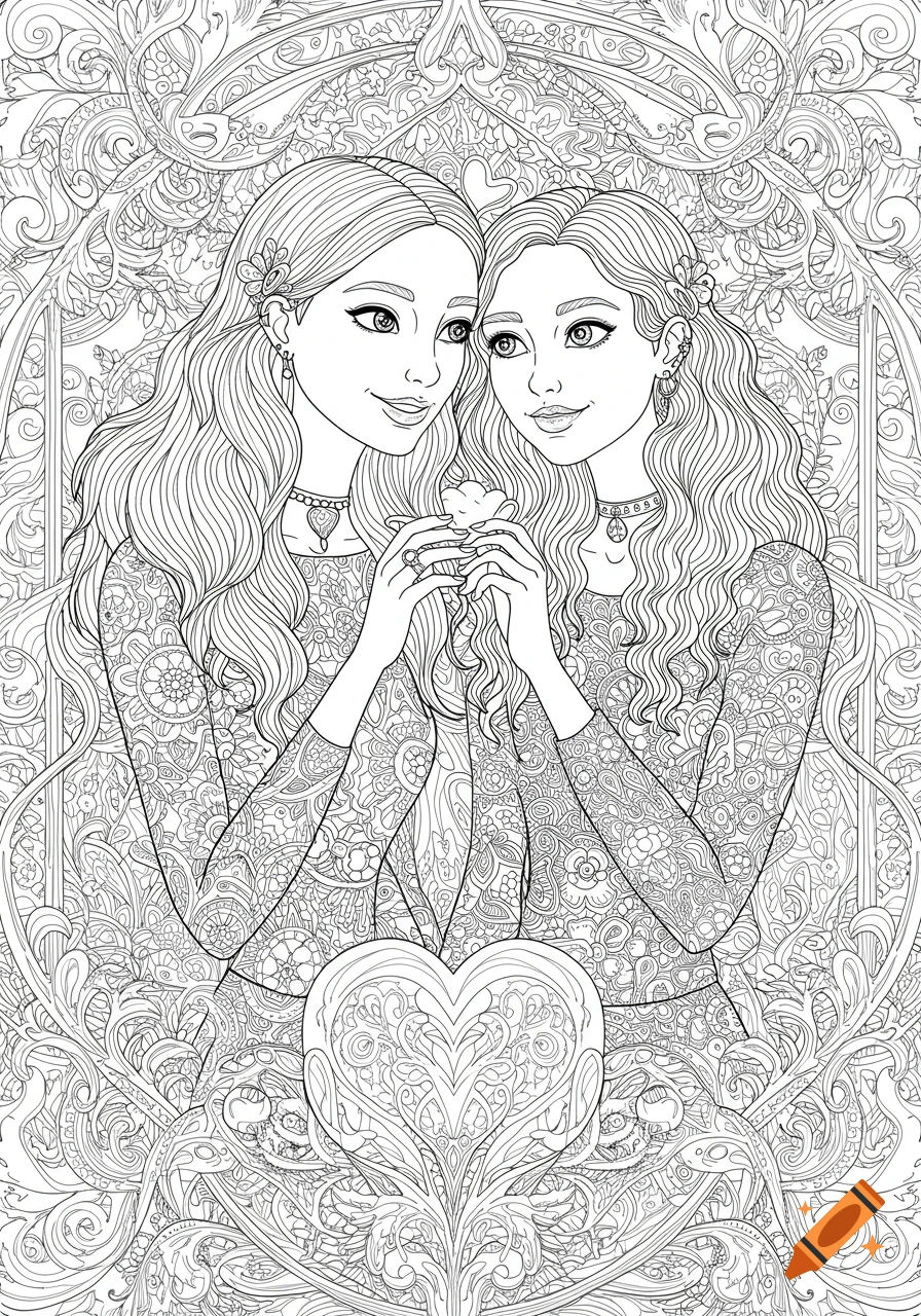 Detailed black and white line art coloring page of two young women with long wavy hair, surrounded by intricate floral and abstract patterns.
