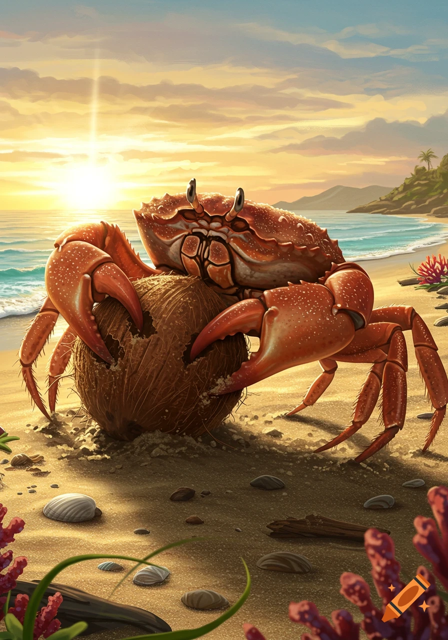 A large red crab sits on a cracked coconut on a sandy beach with a vibrant sunset over the ocean, digital art.