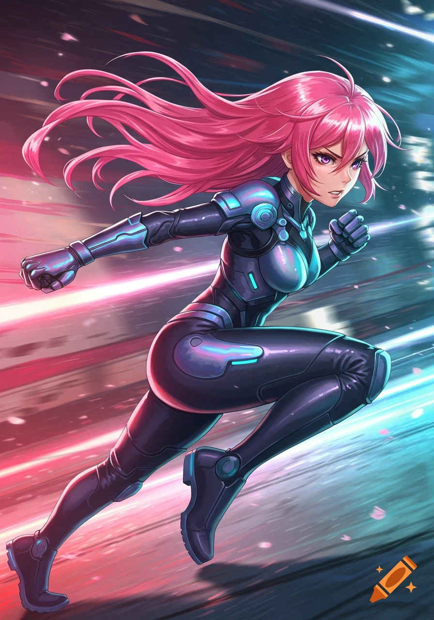 Anime woman with flowing pink hair in a futuristic dark blue suit, dashing forward against a blurry, colorful background.