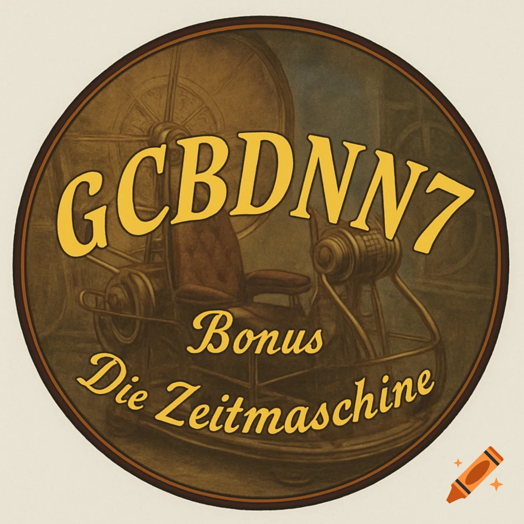 Vintage illustration of a time machine in a round emblem with text 'GCBDNN7' and 'Bonus Die Zeitmaschine'.