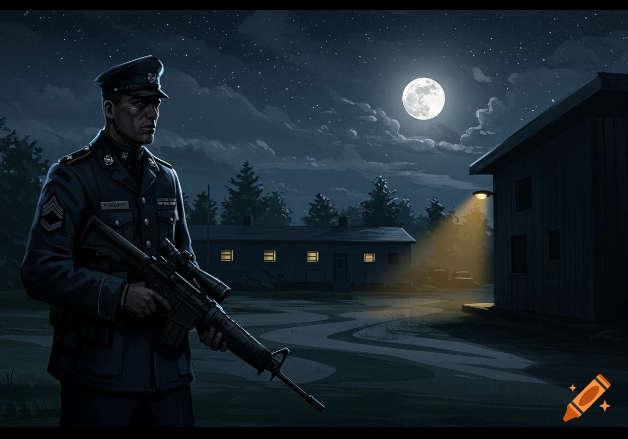 An illustration of a soldier in uniform holding a rifle, standing guard outside military barracks at night under a full moon.