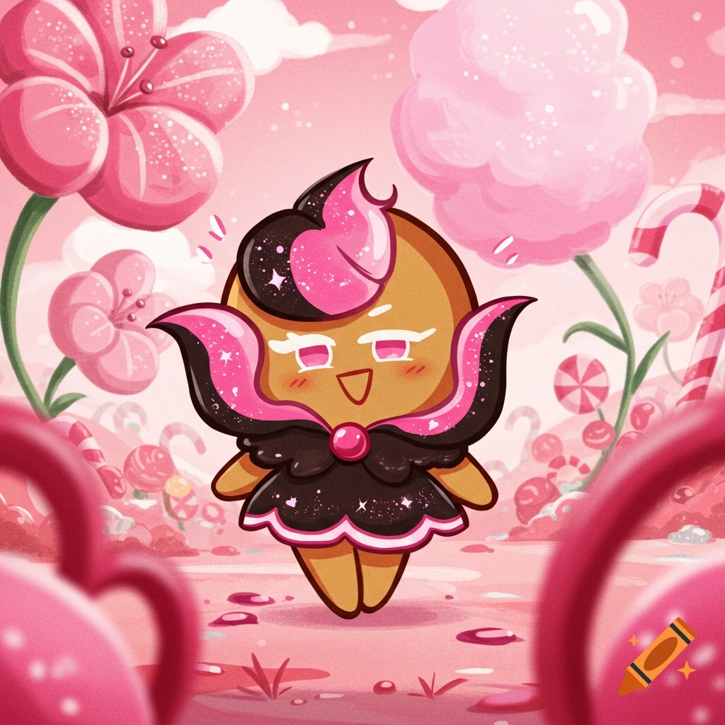 A cute pink and black lily cookie character with a happy face in a vibrant pink candy land with flowers and sweets, in a cartoon style.