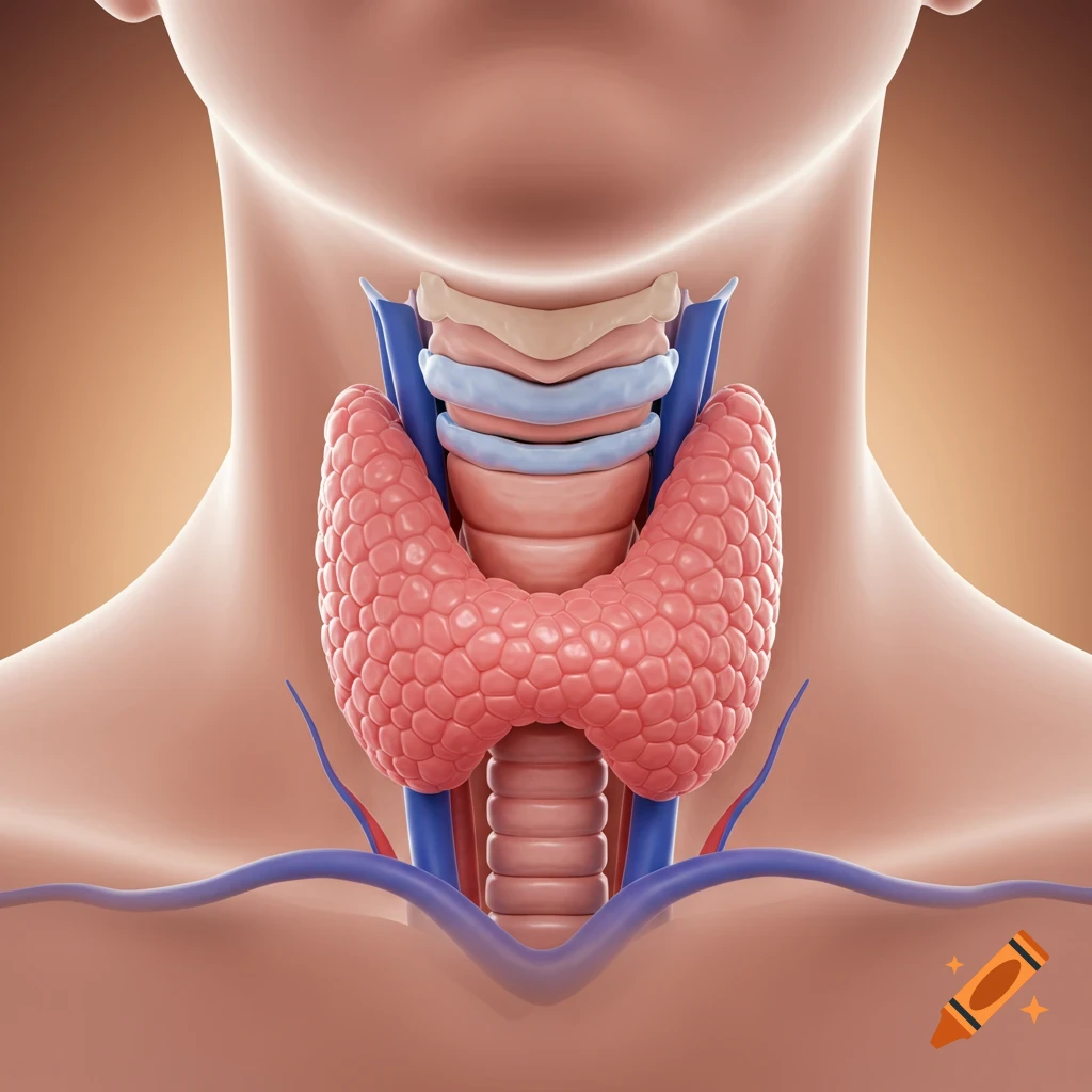 A detailed 3D medical illustration of the thyroid gland, trachea, and blood vessels in the human neck.