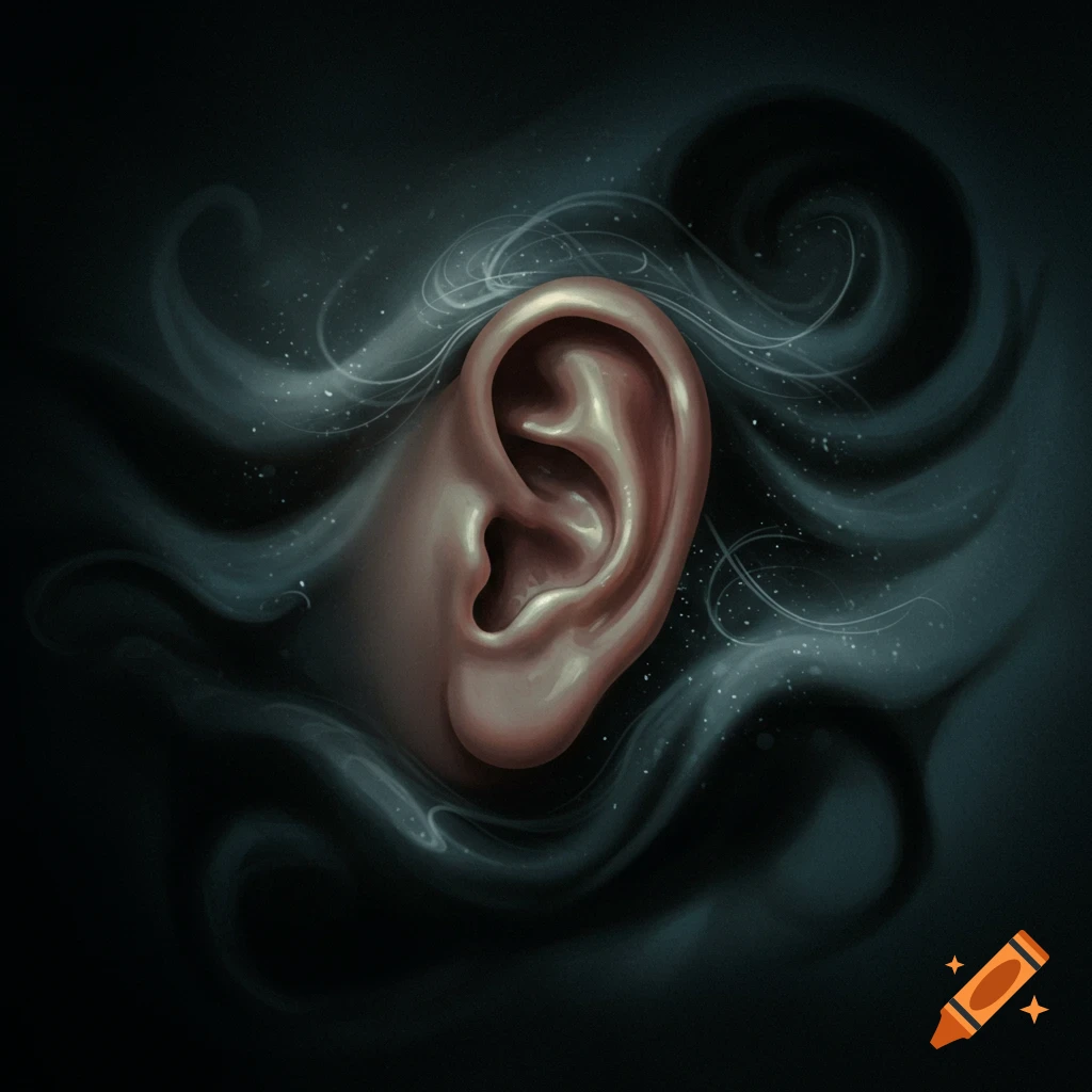 A stylized illustration of a human ear surrounded by dark, mysterious swirling shadows and ethereal wisps.