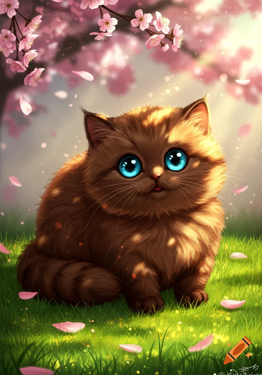 A fluffy brown kitten with large blue eyes sits on bright green grass under blooming pink cherry blossoms, digital art.