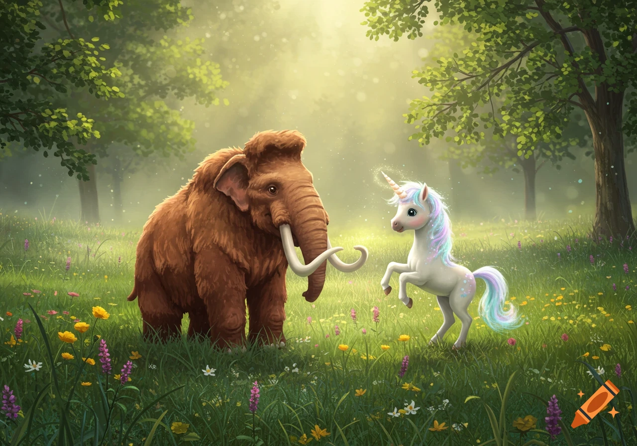 A miniature baby woolly mammoth and a sparkly unicorn stand in a sunlit, wildflower-filled forest, stylized illustration.