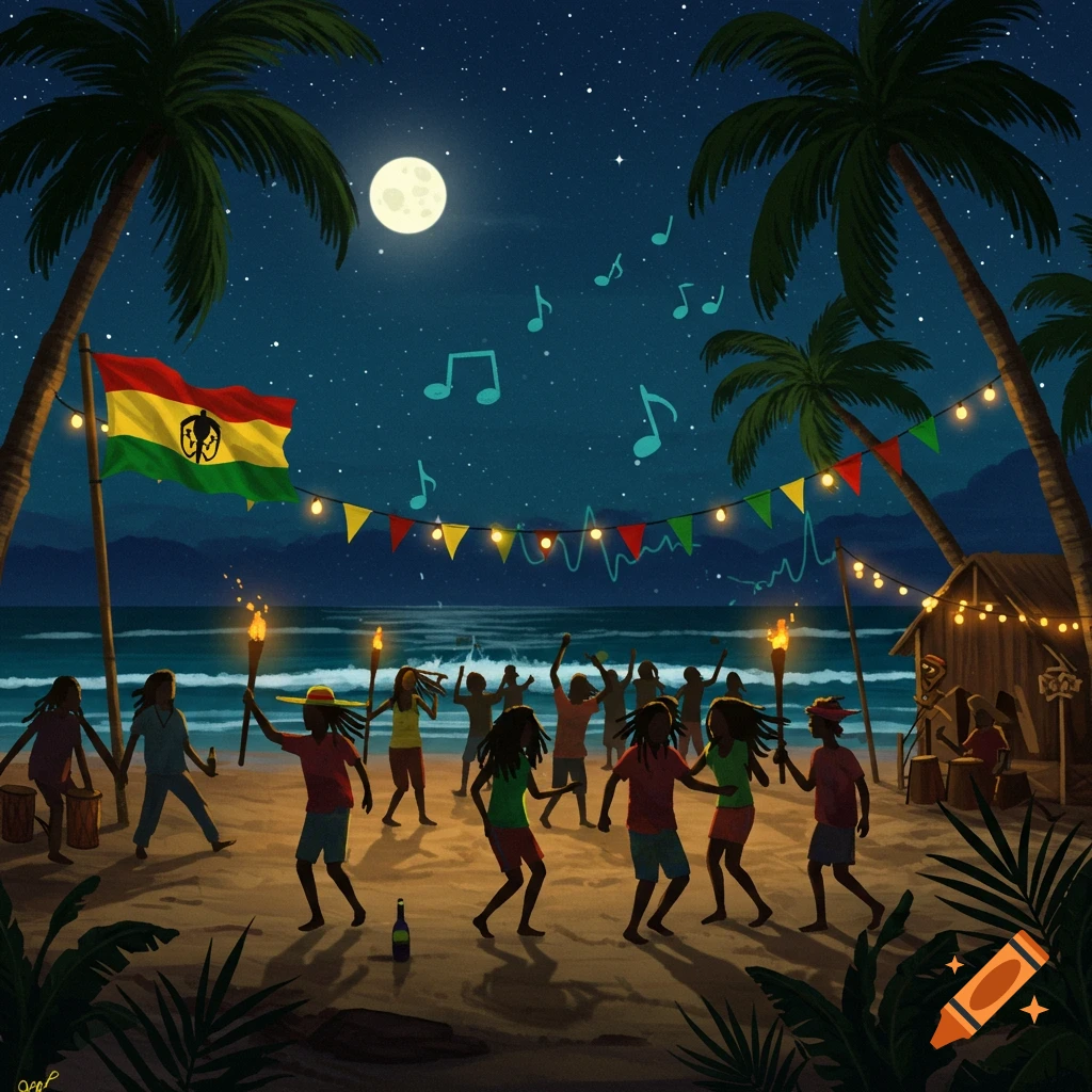 Stylized illustration of a vibrant reggae party on a sandy beach at night, with people dancing under palm trees and a full moon.