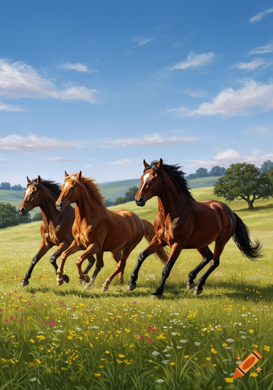 Three brown horses with white blazes gallop through a field of green grass and wildflowers under a blue sky.