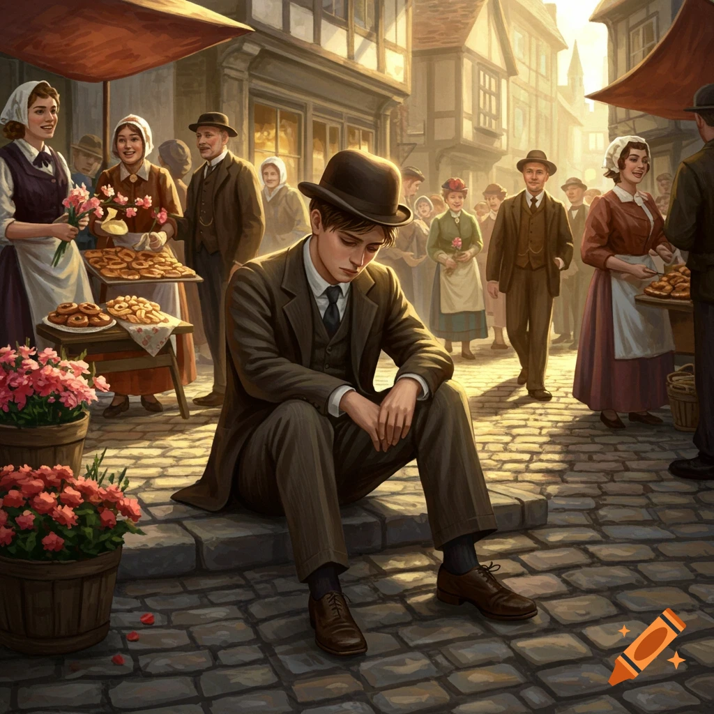 A sad young man in a bowler hat and suit sits on stone steps in a bustling, sunlit, old-fashioned market street, surrounded by cheerful people.