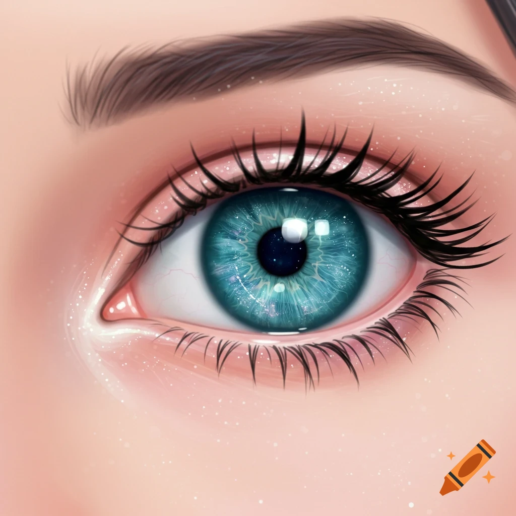 Close-up of a vibrant blue anime eye with long lashes and sparkling highlights.