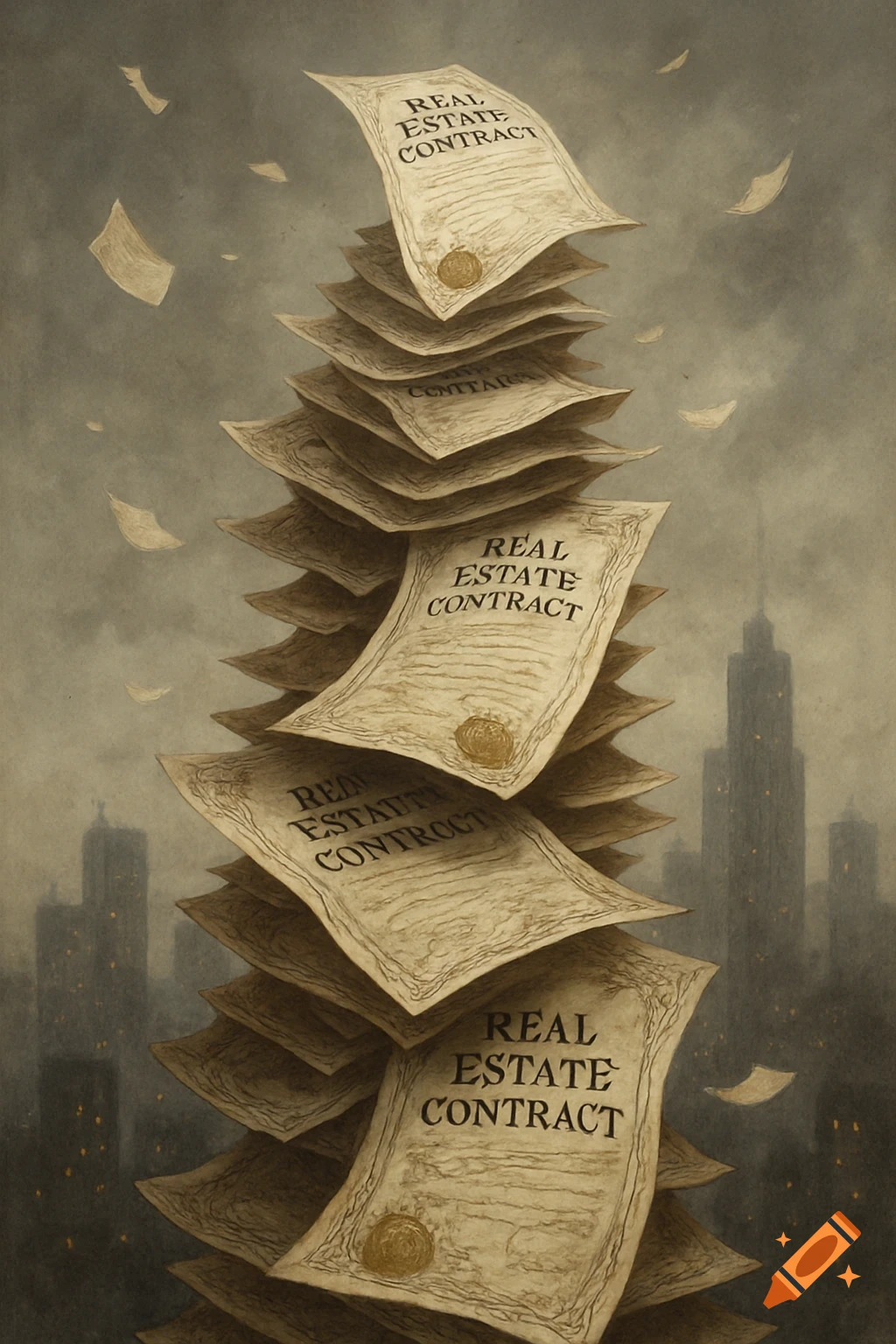 A towering stack of old "REAL ESTATE CONTRACT" documents on a dark, stylized city background, with individual papers falling around it.