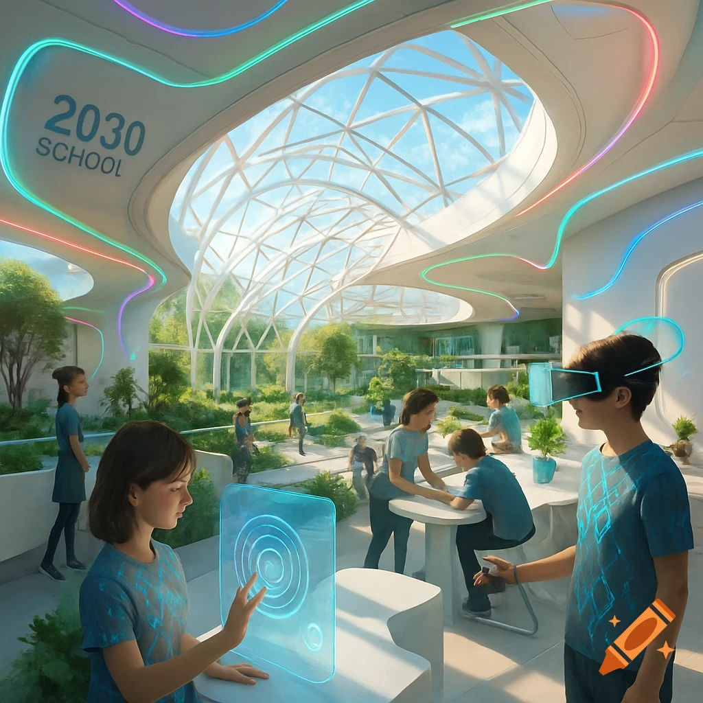 A futuristic school with a glass domed roof, lush indoor gardens, and students interacting with holographic displays and VR headsets.