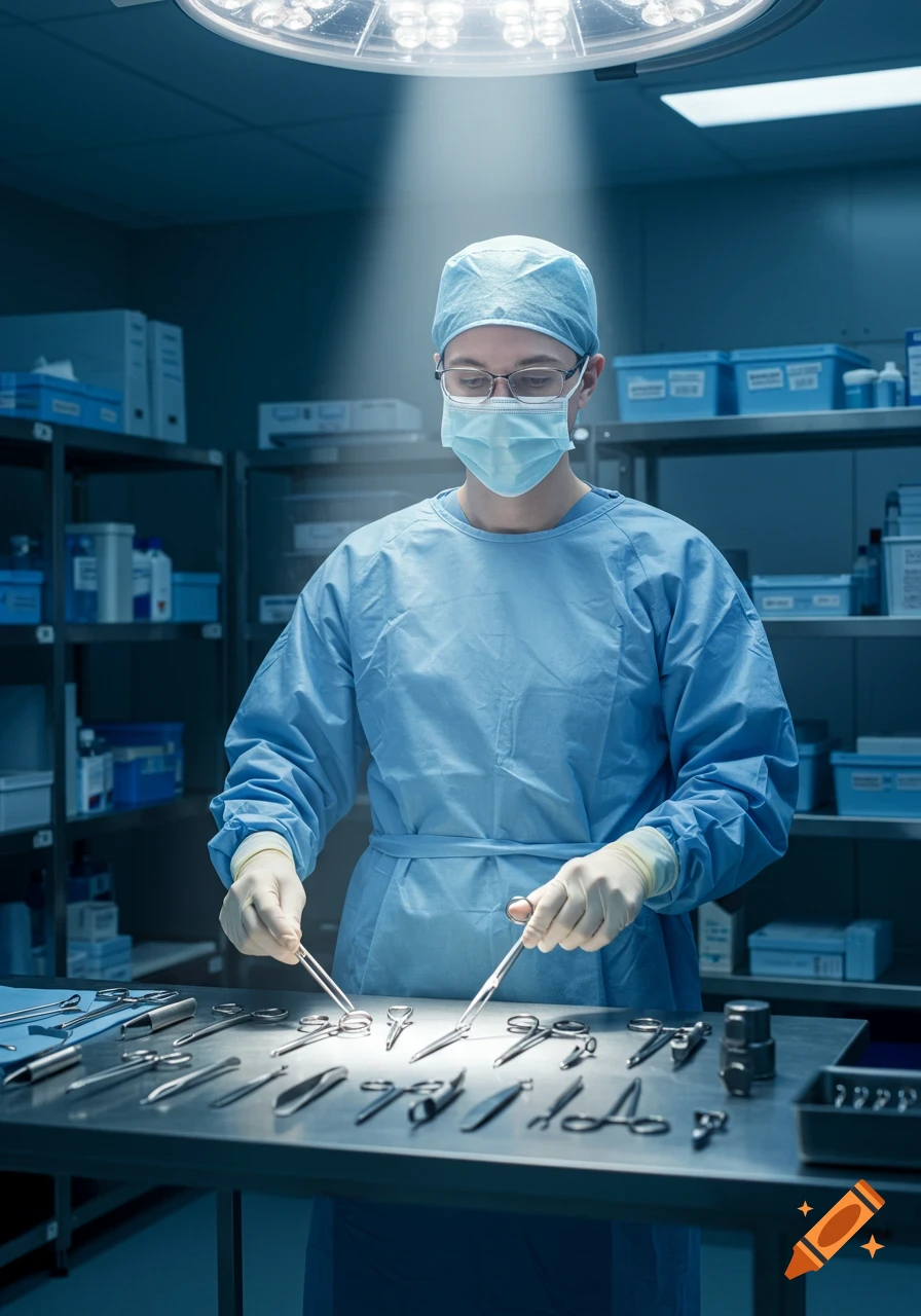 A masked medical professional in scrubs and gloves prepares surgical instruments on a sterile table under bright overhead light.