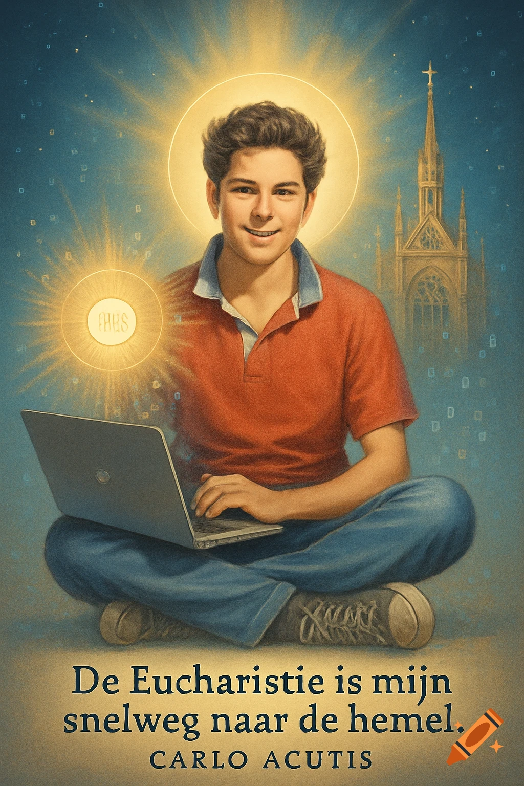 A young male saint, Carlo Acutis, sits cross-legged with a laptop, surrounded by heavenly light, a church, and a glowing host.