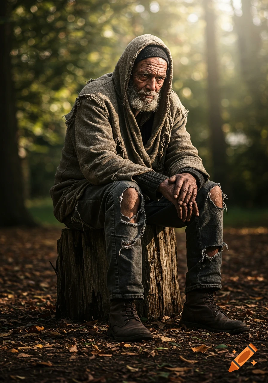 An old, bearded man in a hooded, tattered cloak and ripped jeans sits on a tree stump in a sunlit forest, photorealistic.