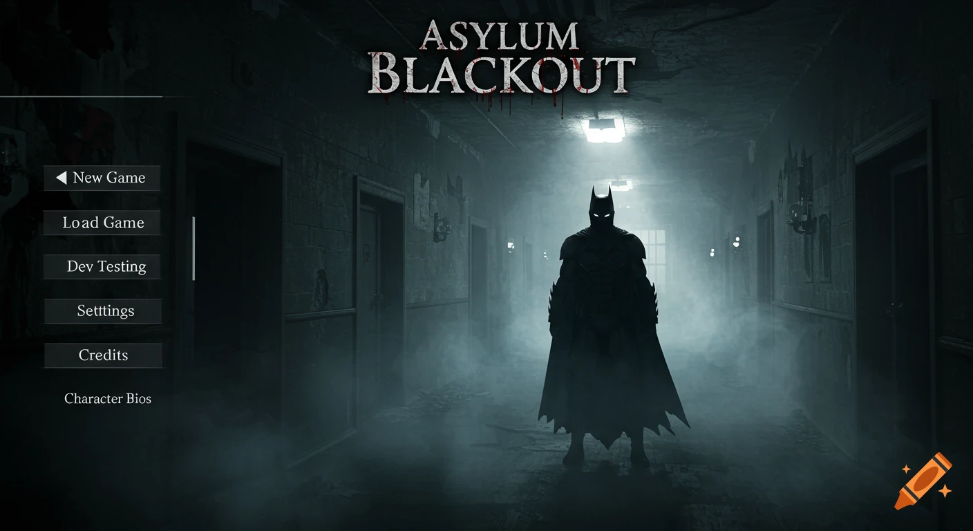 Dark, foggy asylum corridor game menu with 'ASYLUM BLACKOUT' title and a silhouetted Batman-like figure.