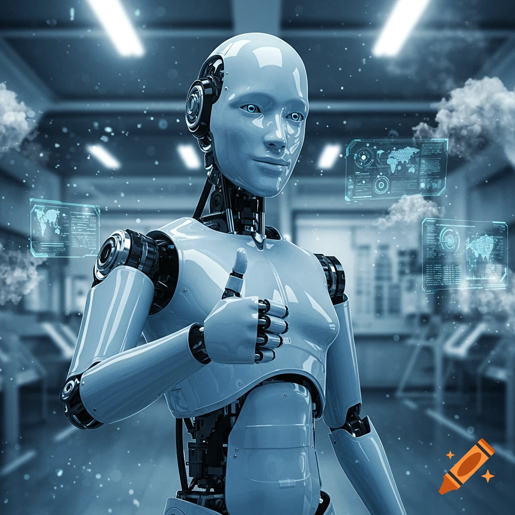 A photorealistic robotic figure, with a light blue metallic finish, stands in a futuristic lab giving a thumbs up gesture, with holographic data displays floating around.