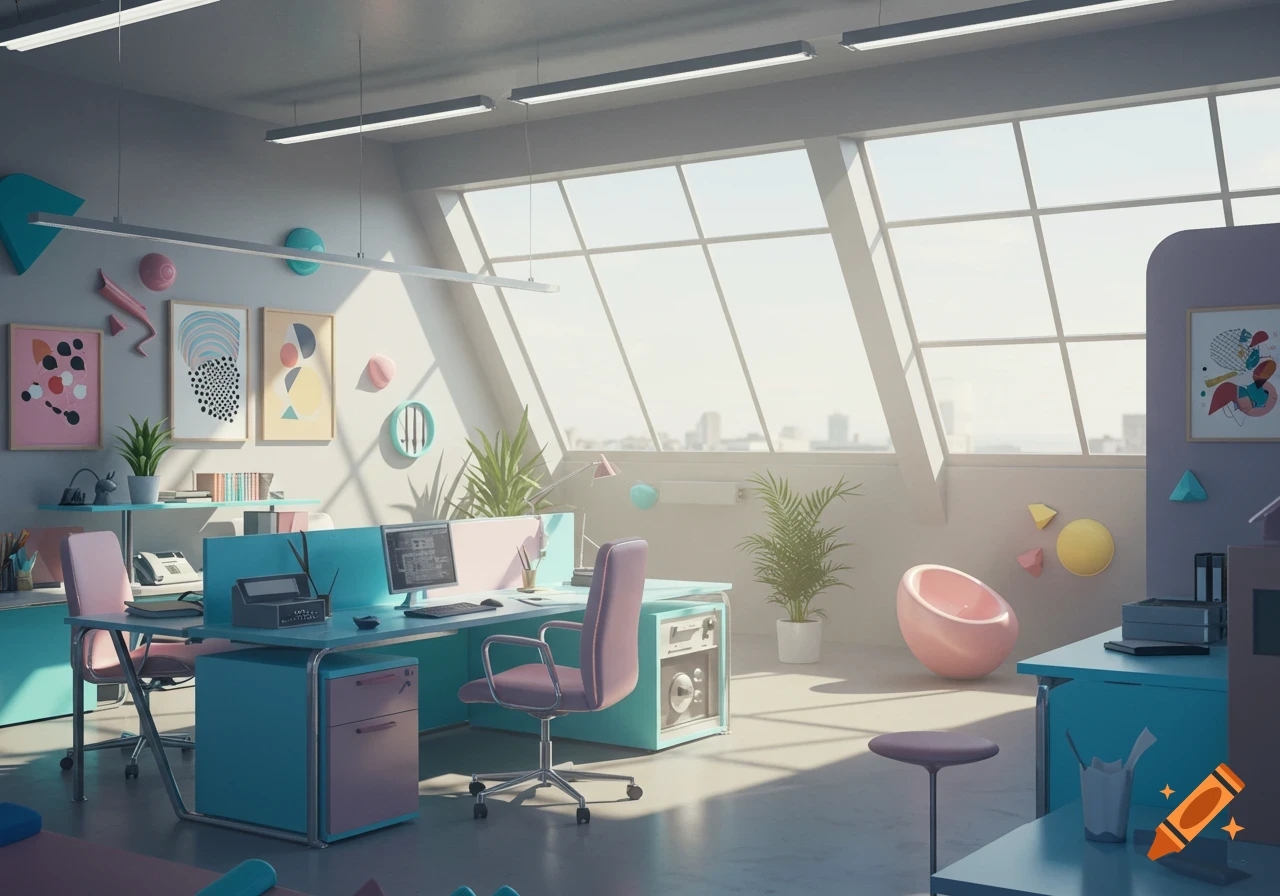 An office interior in Memphis style, with blue and pink desks and chairs, abstract art, and large windows looking out onto a city skyline.