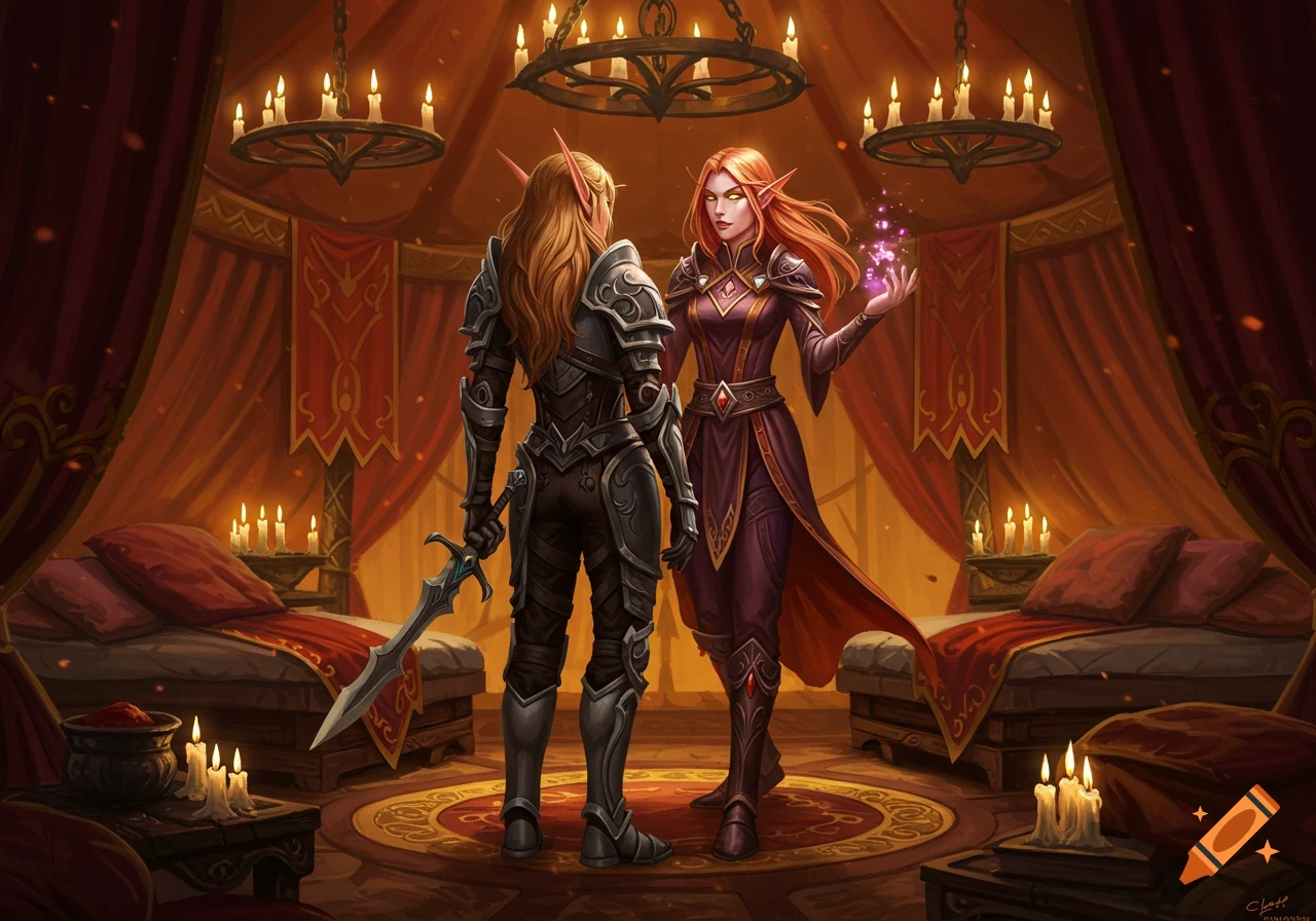 Two female elves, a warrior in armor and a red-haired priestess with magic, stand in a candlelit red and gold tent.