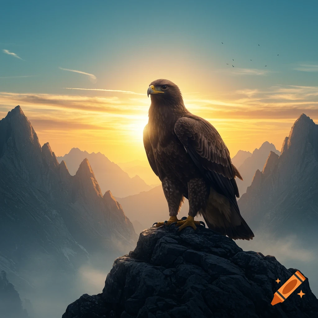 A majestic eagle perches on a craggy mountain peak at sunset, with other mountain ranges in the background. Photorealistic.
