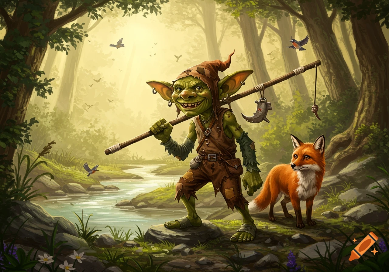 A grinning green goblin with a fishing pole and a fox companion walk through a sun-dappled forest beside a stream.