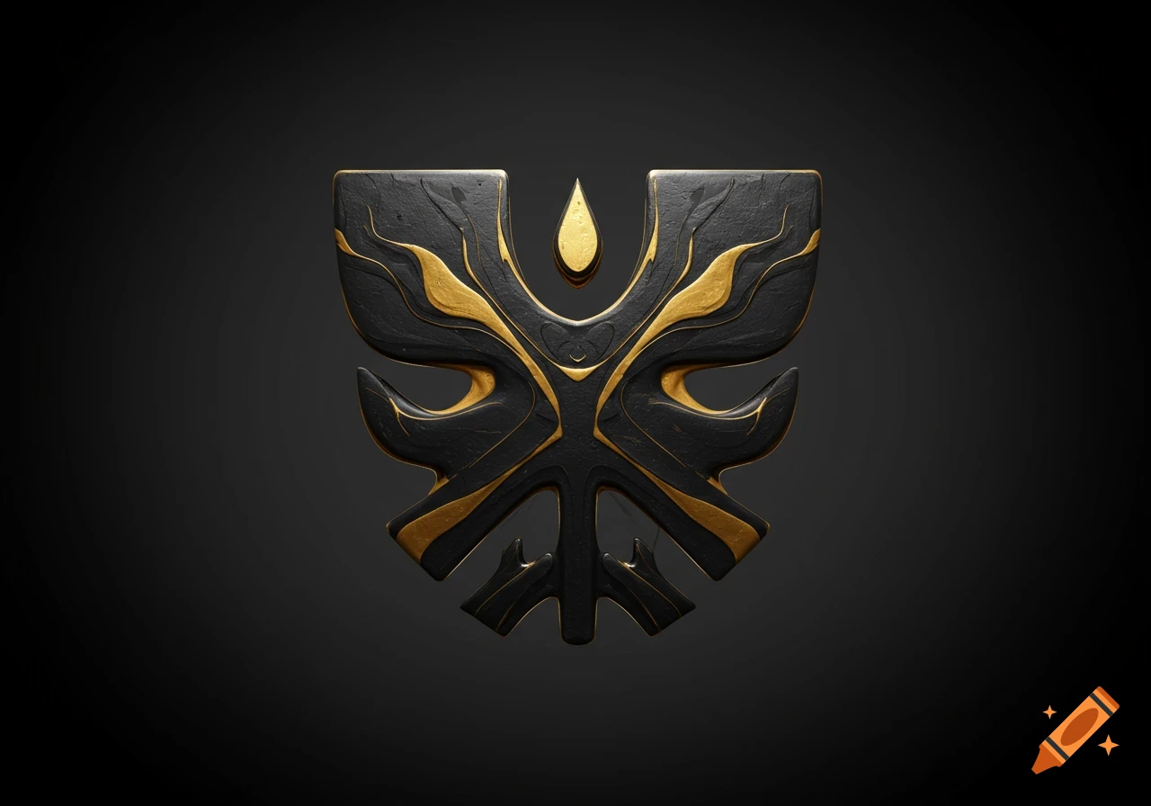 A symmetrical black and gold abstract symbol with intricate, flowing patterns on a dark background.